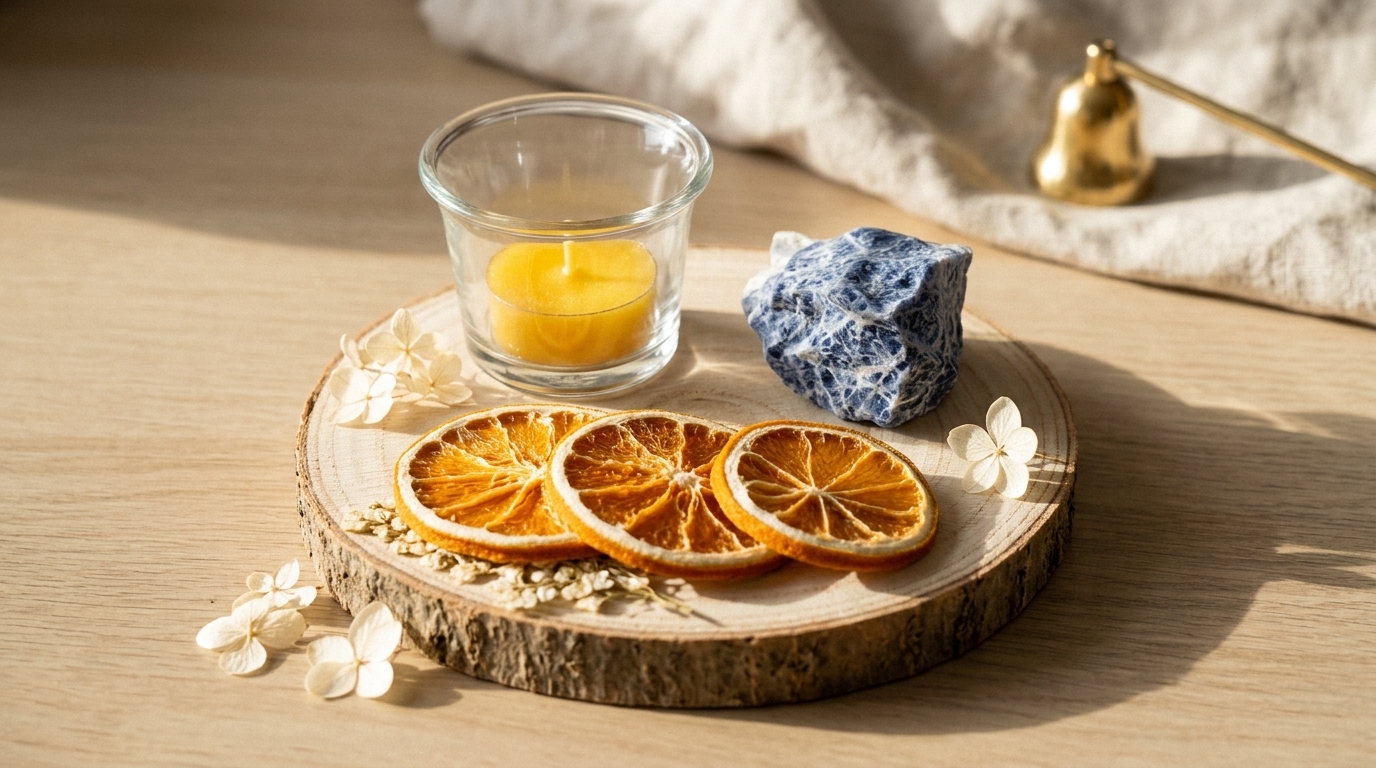 Círculo y Sinergia con vela amarilla, mineral azul y naranja seca