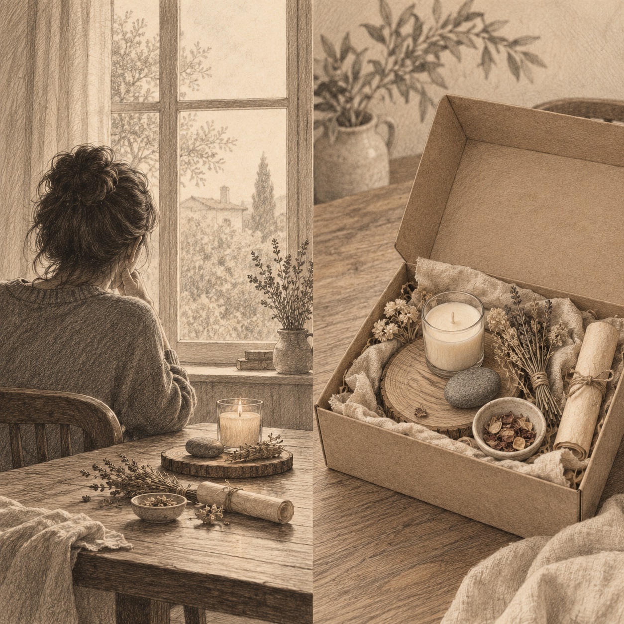 Ilustración dividida entre un ritual personal y un kit preparado para regalar